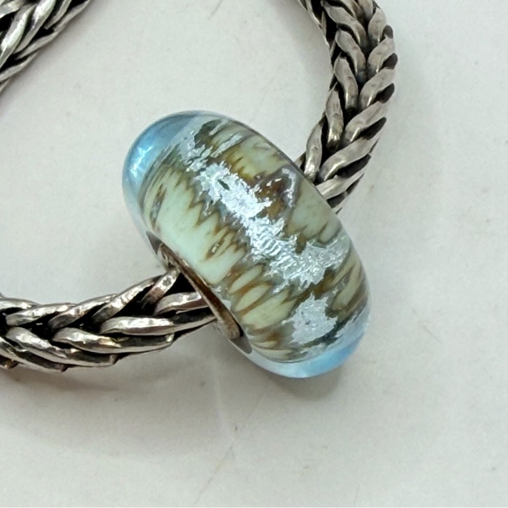 Trollbeads Blue Glass Encased Silver Foil Art Bead Signed 925 LAA Sterling